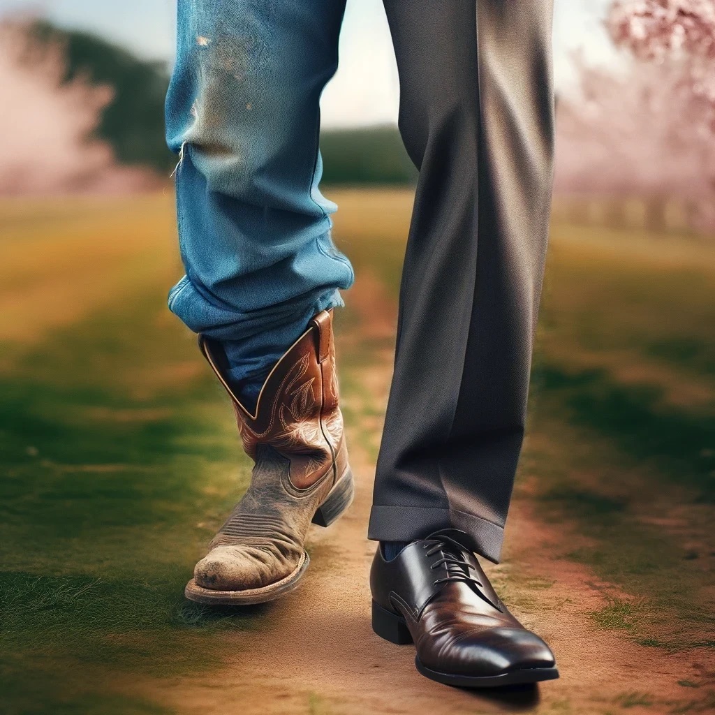 From your land to your brand — cowboy boot meets dress shoe, representing GBB Advisors' bridge between agriculture and business